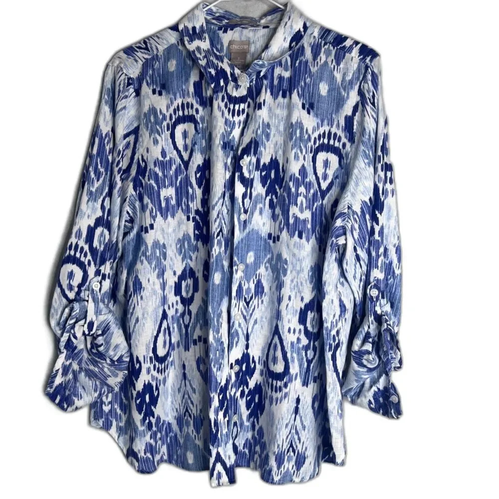 Chico's‎ 100% Linen Abstract Long Sleeve Button Front Blouse Size LG(16-18)